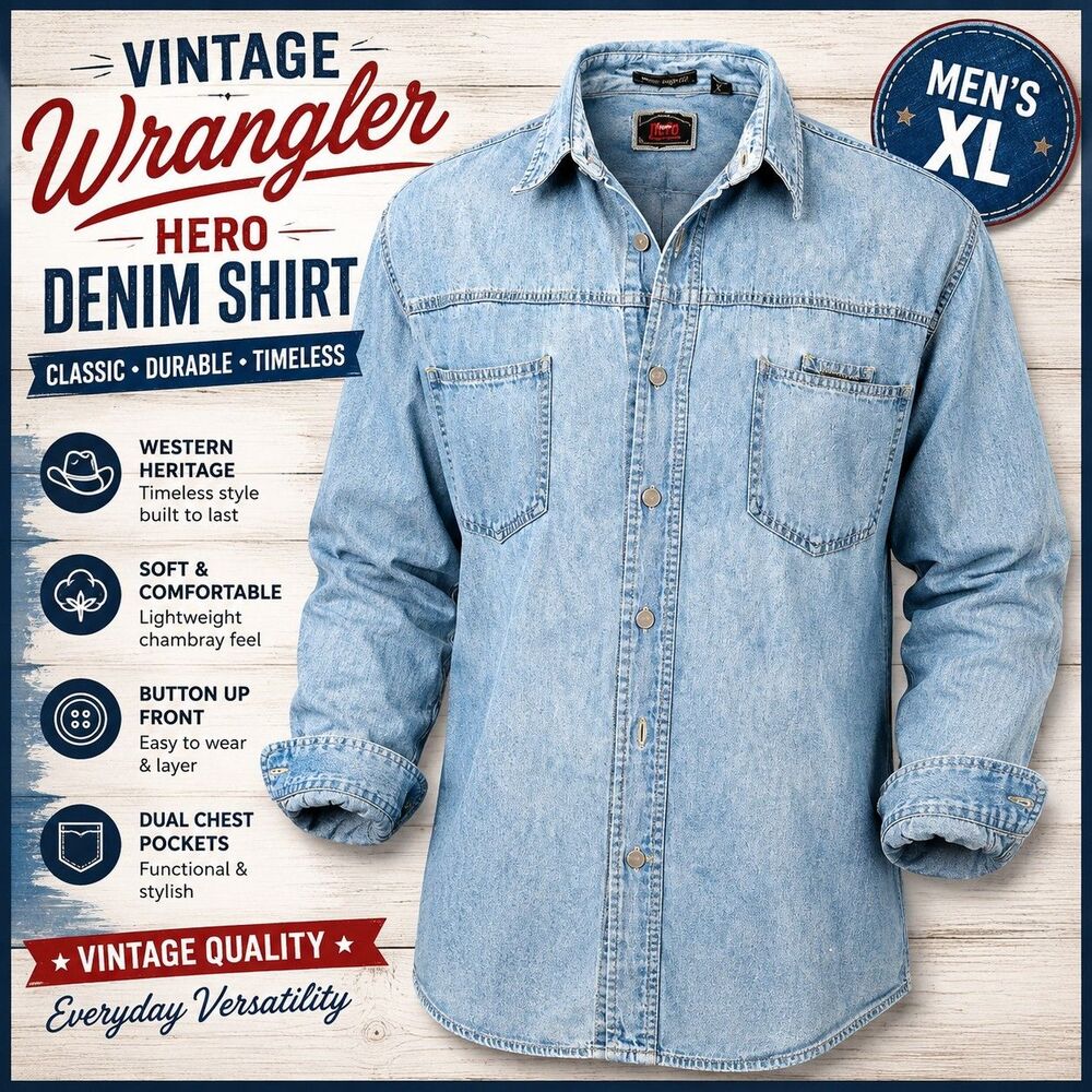 Vintage Wrangler Hero Denim Shirt Mens XL Blue Button Up Western Work Chambray